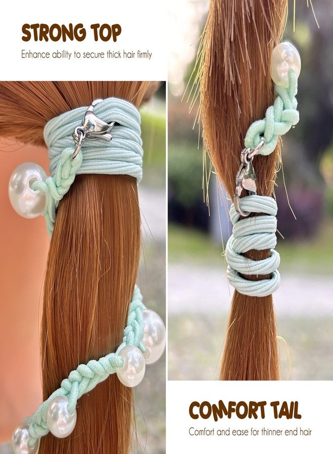 DAOSUN Cute Pearl Hair Ties for Women Hand Braided Sport Ponytail Holders Long Pony Tail Wrap for Workouts, Daily Use, Beach,Swim,Surf,Diving Tangle Free Hair Accessories -25" 3 Packs,Navy Blue/Pink/Green - Image 4